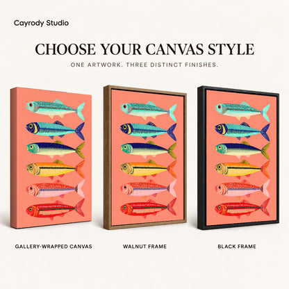 Colorful Sardine Canvas Art shown in gallery wrapped canvas, walnut frame, and black frame finishes.