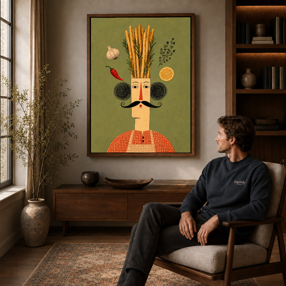 rustic breadstick chef canvas art in a walnut frame above a console beside a seated man.