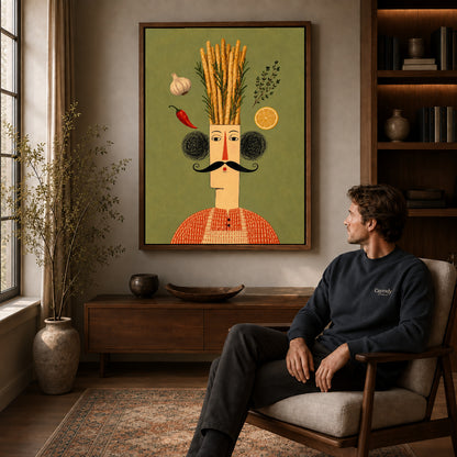 rustic breadstick chef canvas art in a walnut frame above a console beside a seated man.