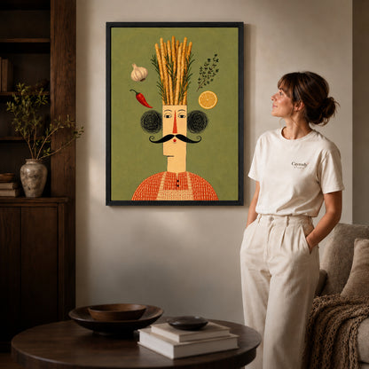 rustic breadstick chef canvas art in a black frame beside a woman and round wooden table.