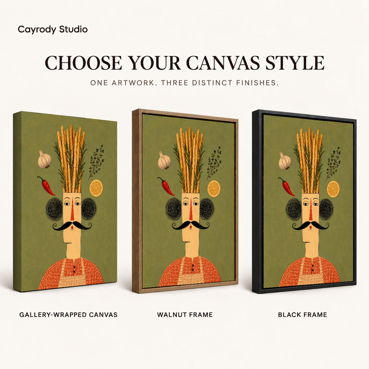 rustic breadstick chef canvas art compared across gallery-wrapped canvas, walnut frame, and black frame finishes.