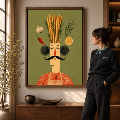 rustic breadstick chef canvas art shown in the walnut frame option within a warm living room.