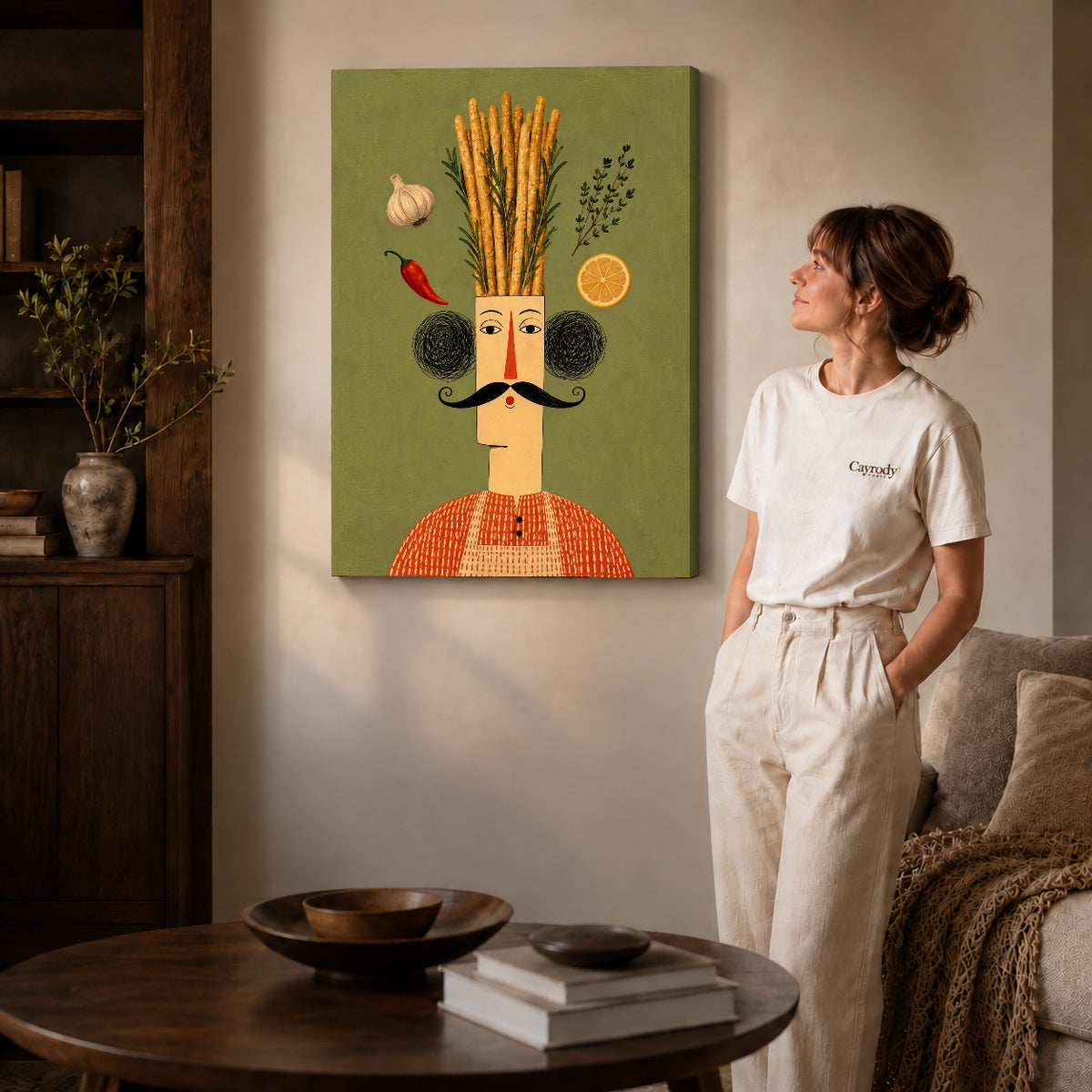 rustic breadstick chef canvas art shown in the gallery-wrapped option with visible depth and warm surroundings.