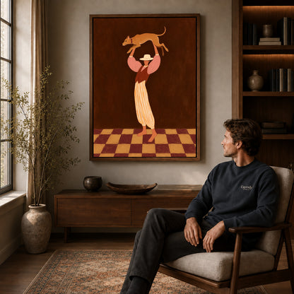 Cowgirl Dog Canvas Art displayed in a walnut frame above wooden furniture beside a seated man.