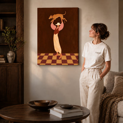 Cowgirl Dog Canvas Art on gallery wrapped canvas with visible depth beside a woman in white.