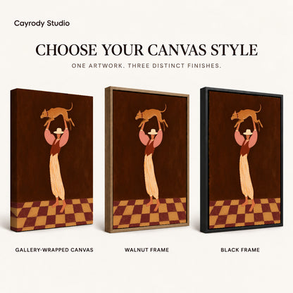 Cowgirl Dog Canvas Art shown in gallery wrapped canvas, walnut frame, and black frame finishes.