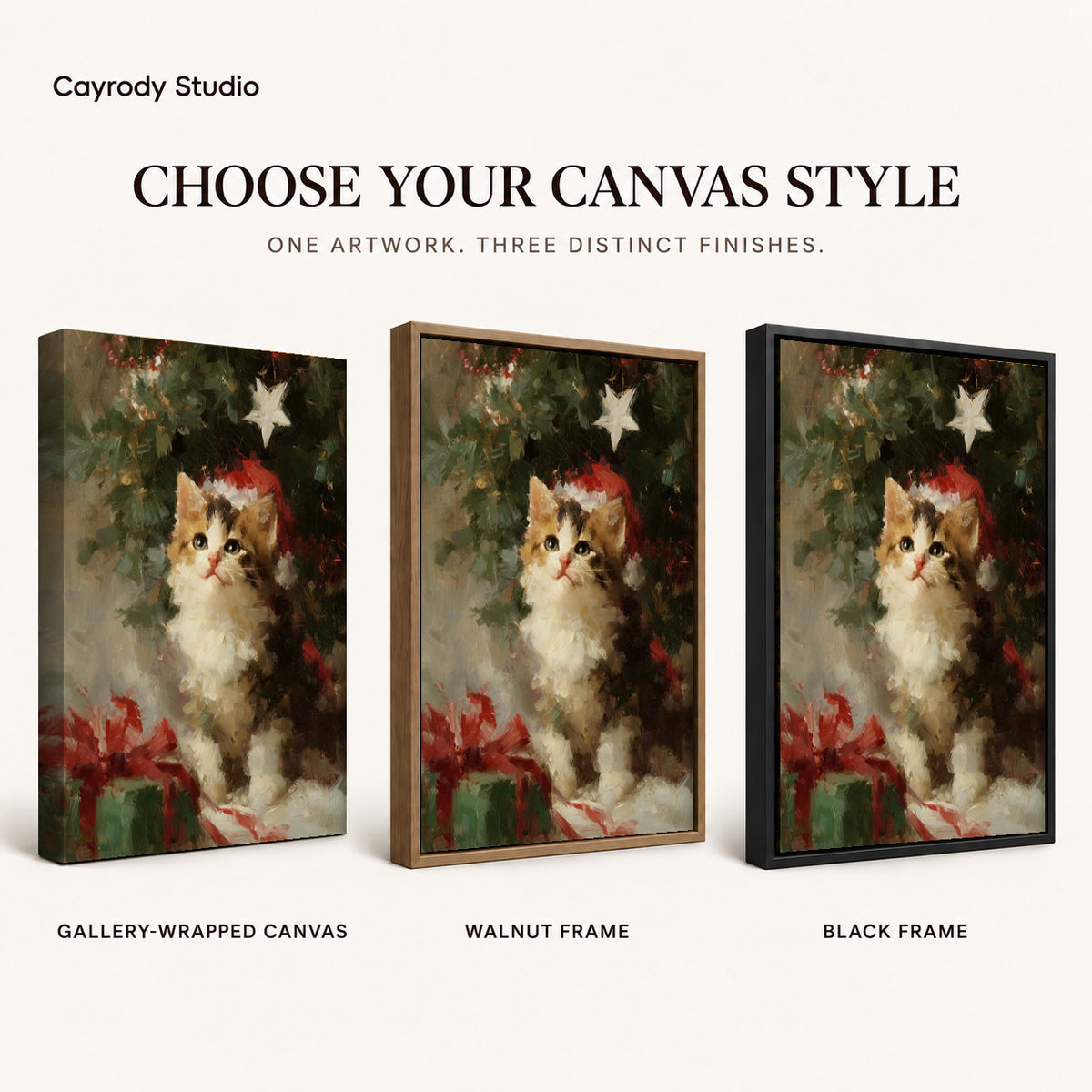 Christmas Kitten Canvas Art shown in gallery wrapped canvas, walnut frame, and black frame finishes.