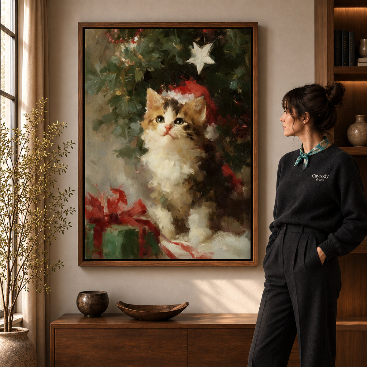 Walnut framed christmas kitten canvas art with the complete artwork displayed in a warm living room.