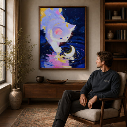 Moonlit Kitten Canvas Art displayed in a walnut frame above wooden furniture beside a seated man.