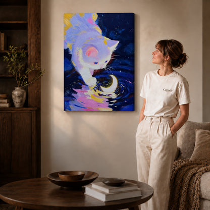 Moonlit Kitten Canvas Art on gallery wrapped canvas with visible depth beside a woman in white.