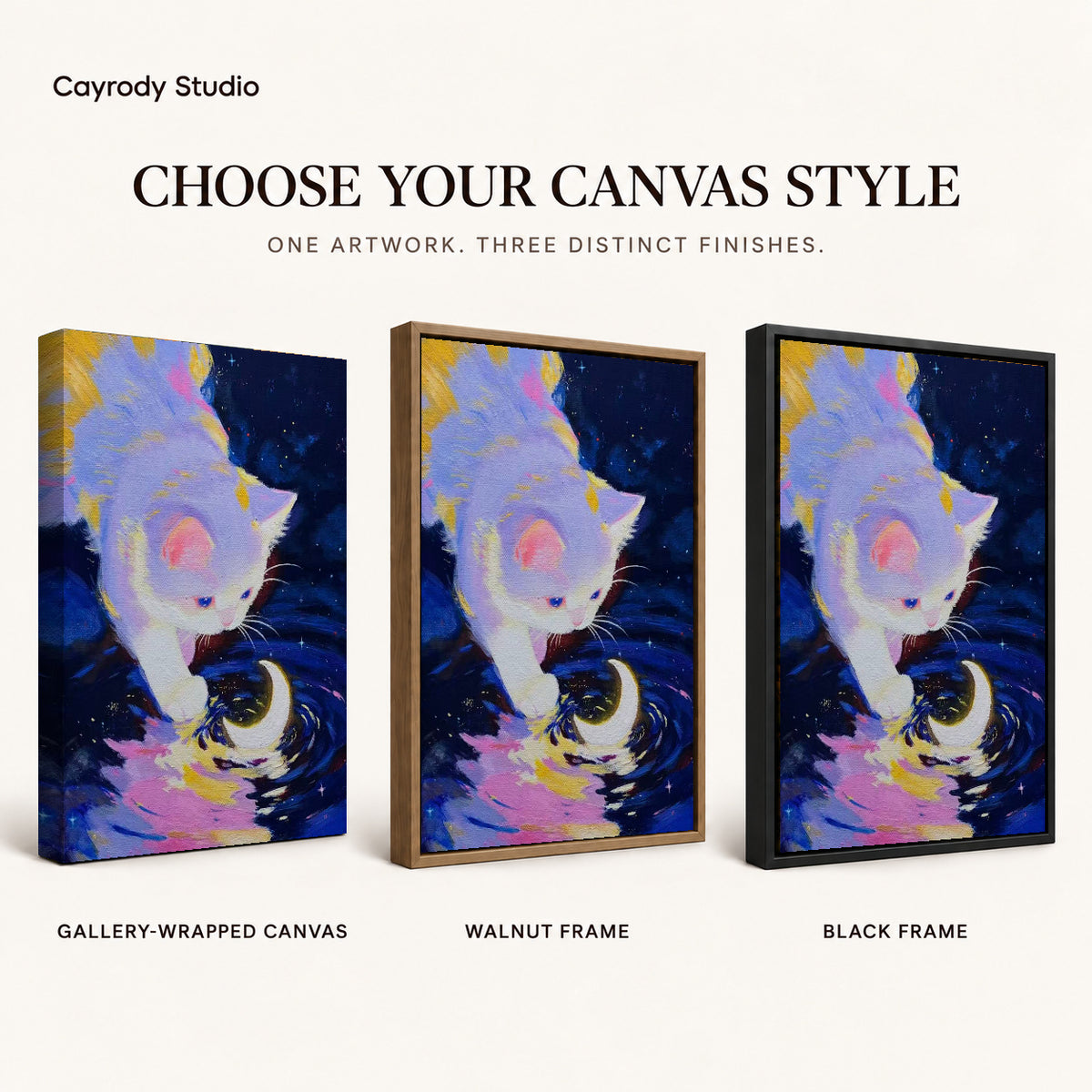 Moonlit Kitten Canvas Art shown in gallery wrapped canvas, walnut frame, and black frame finishes.