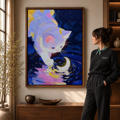 Walnut framed moonlit kitten canvas art with the complete artwork displayed in a warm living room.