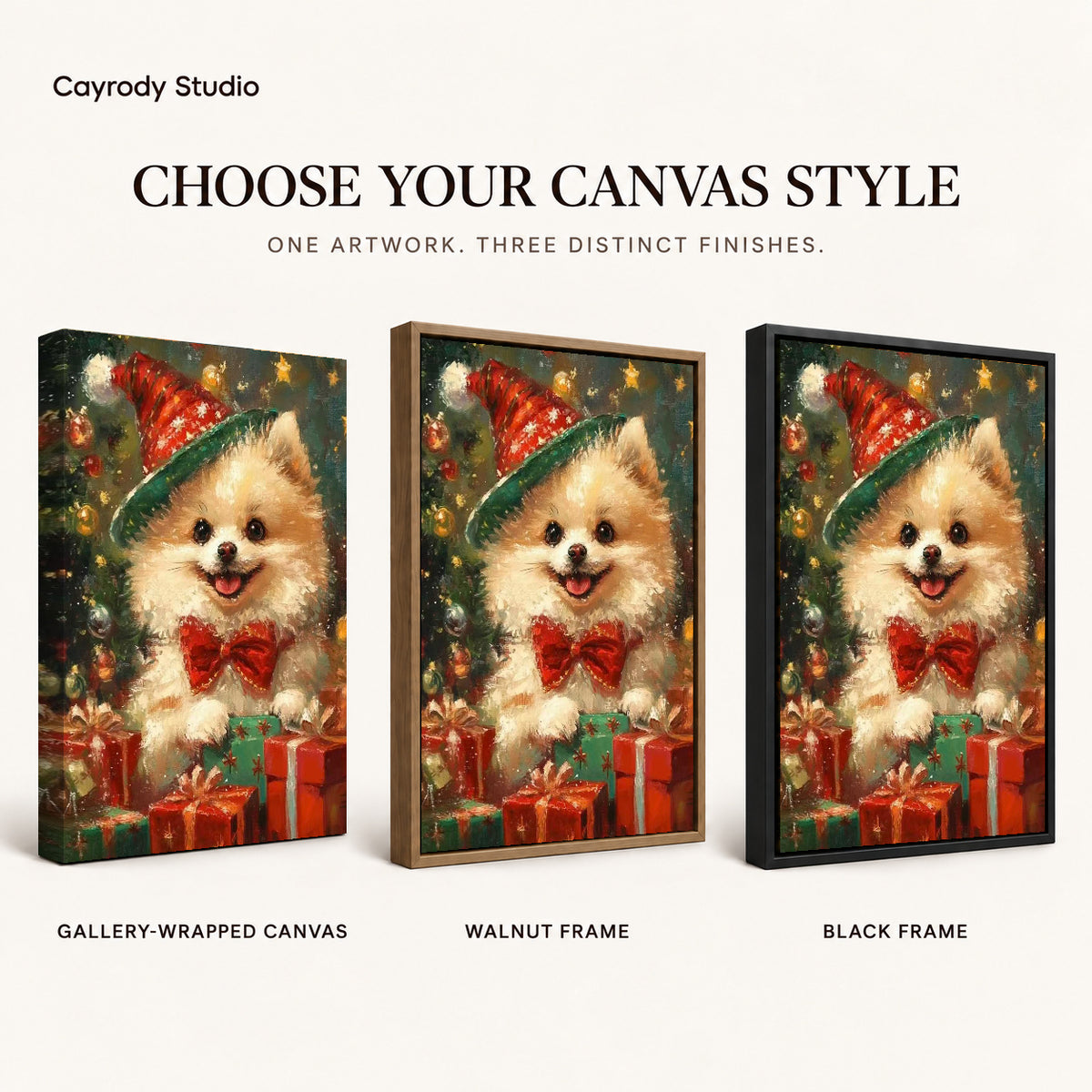 Festive Pomeranian Canvas Art shown in gallery wrapped canvas, walnut frame, and black frame finishes.