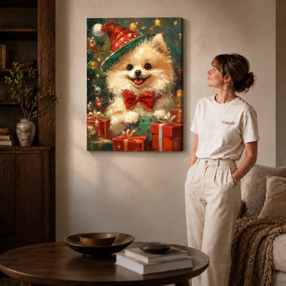 Gallery wrapped festive pomeranian canvas art showing dimensional edges and soft shadows in a living room.