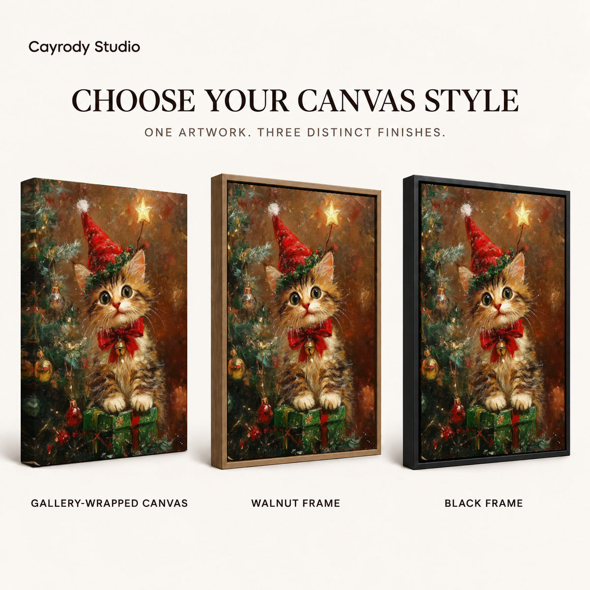 Festive Kitten Canvas Art shown in gallery wrapped canvas, walnut frame, and black frame finishes.