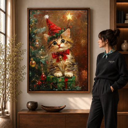 Walnut framed festive kitten canvas art with the complete artwork displayed in a warm living room.