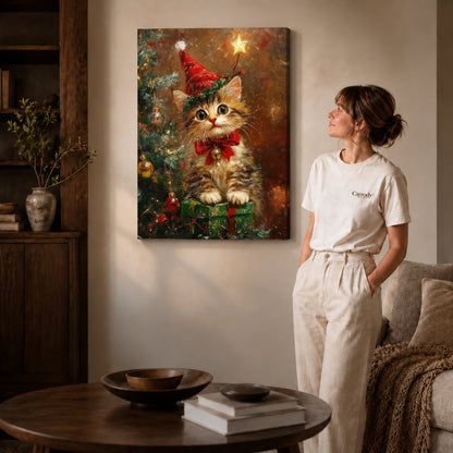 Gallery wrapped festive kitten canvas art showing dimensional edges and soft shadows in a living room.