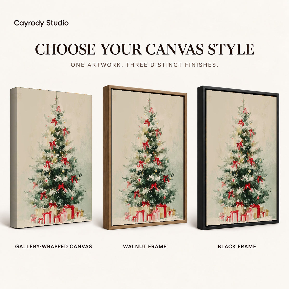 Snowy Christmas Tree Canvas Art shown in gallery wrapped canvas, walnut frame, and black frame finishes.