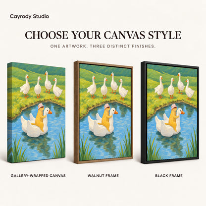 Whimsical cat canvas art finish comparison showing gallery wrapped canvas, walnut frame, and black frame options.