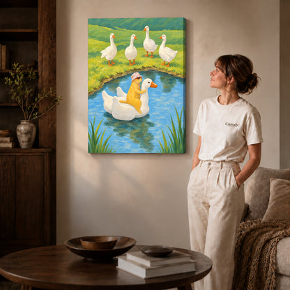 Gallery wrapped whimsical cat canvas art scene used for every available unframed canvas size.