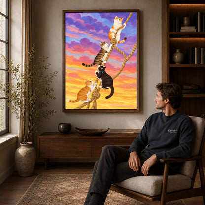 Walnut framed whimsical climbing cats canvas art above a seated man in a cozy wood furnished living room.