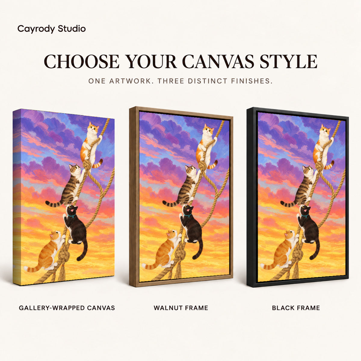 Whimsical climbing cats canvas art finish chart showing gallery wrapped canvas, walnut frame, and black frame options.