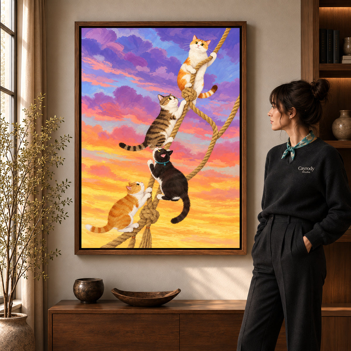 Walnut framed whimsical climbing cats canvas art room scene assigned to all six walnut framed canvas sizes.