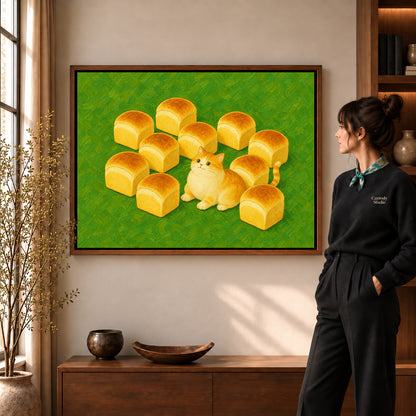 painterly bread loaf cat canvas art in a walnut frame beside a standing woman and wooden console.