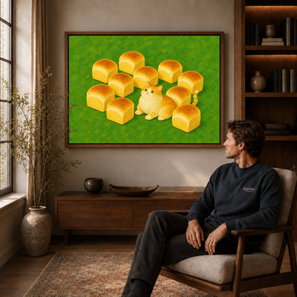 painterly bread loaf cat canvas art in a walnut frame above a console beside a seated man.