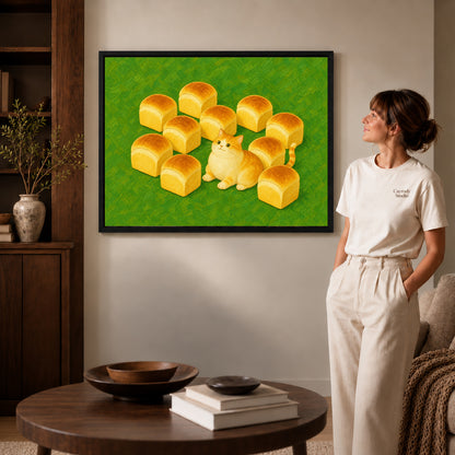 painterly bread loaf cat canvas art in a black frame beside a woman and round wooden table.