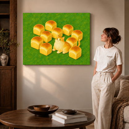 painterly bread loaf cat canvas art shown in the gallery-wrapped option with natural side shading and warm surroundings.
