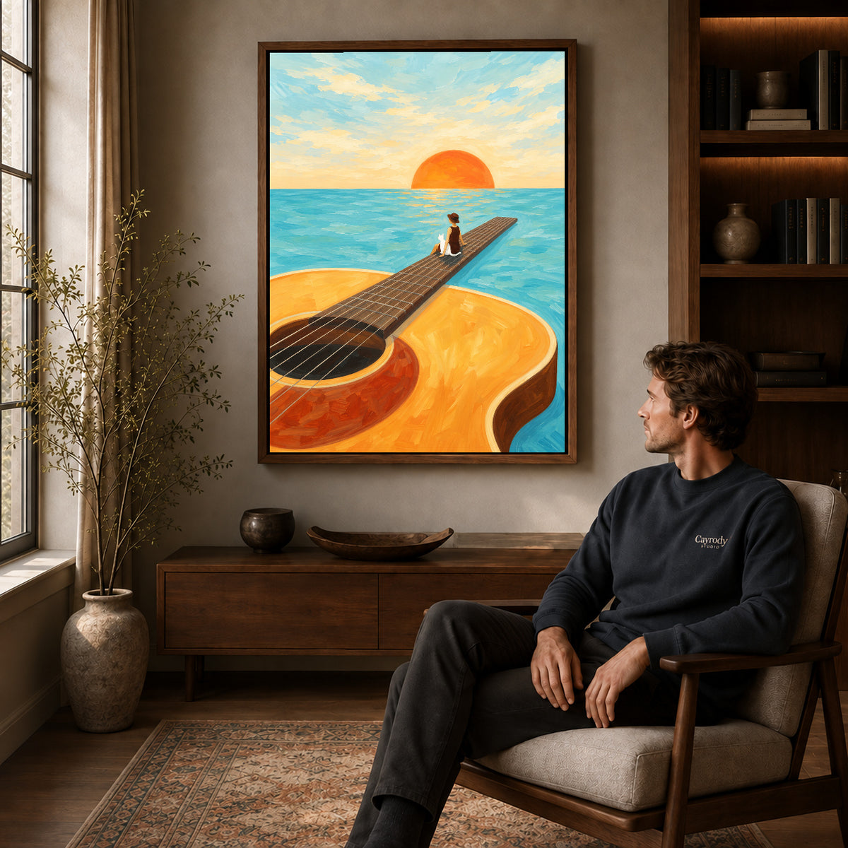 Walnut framed surreal guitar canvas art above a seated man in a cozy wood furnished living room.