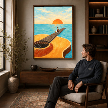 Walnut framed surreal guitar canvas art above a seated man in a cozy wood furnished living room.