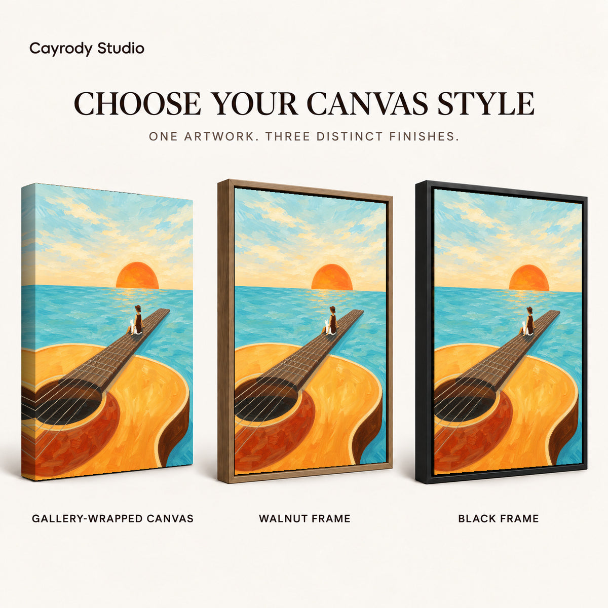 Surreal guitar canvas art finish chart showing gallery wrapped canvas, walnut frame, and black frame options.