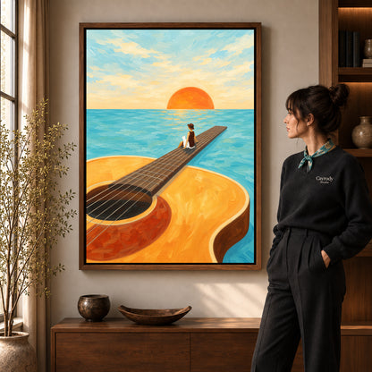 Walnut framed surreal guitar canvas art room scene assigned to all six walnut framed canvas sizes.