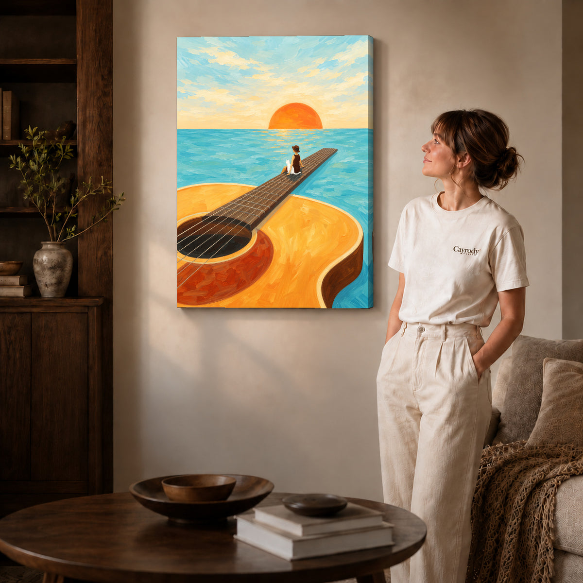 Gallery wrapped surreal guitar canvas art room scene assigned to all six unframed wrapped canvas sizes.