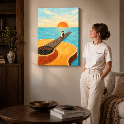 Gallery wrapped surreal guitar canvas art room scene assigned to all six unframed wrapped canvas sizes.