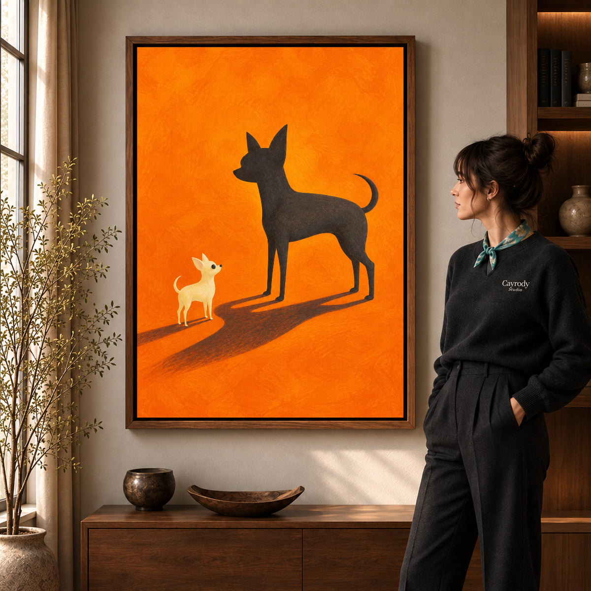Bold chihuahua canvas art in a walnut frame beside a woman in a warm living room.