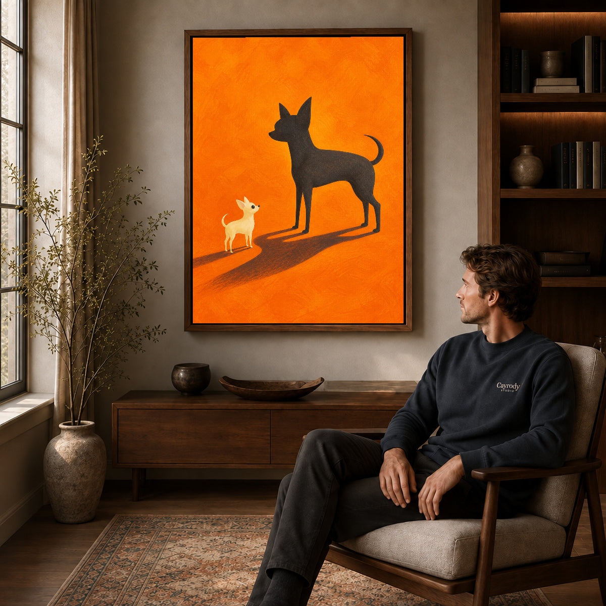 Walnut framed bold chihuahua canvas art above a seated man in a cozy wood furnished living room.