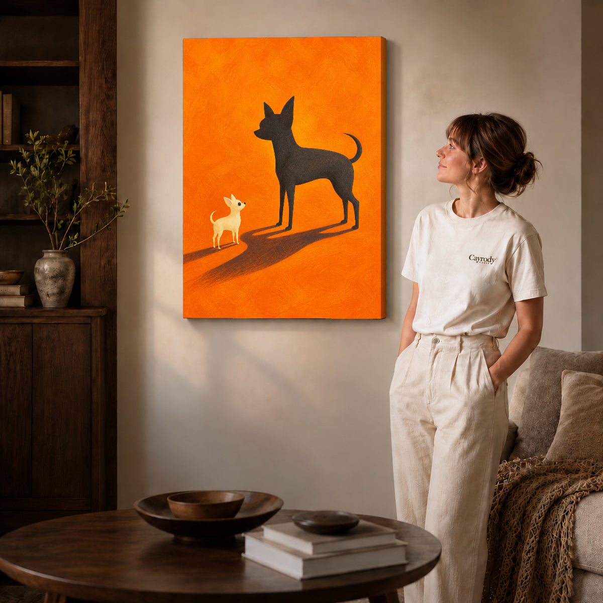 Gallery wrapped bold chihuahua canvas art with subtly shaded canvas edges beside a woman wearing cream clothing.
