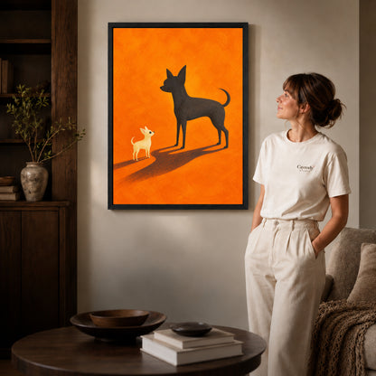 Black framed bold chihuahua canvas art displayed beside a woman in a warm wood living room.