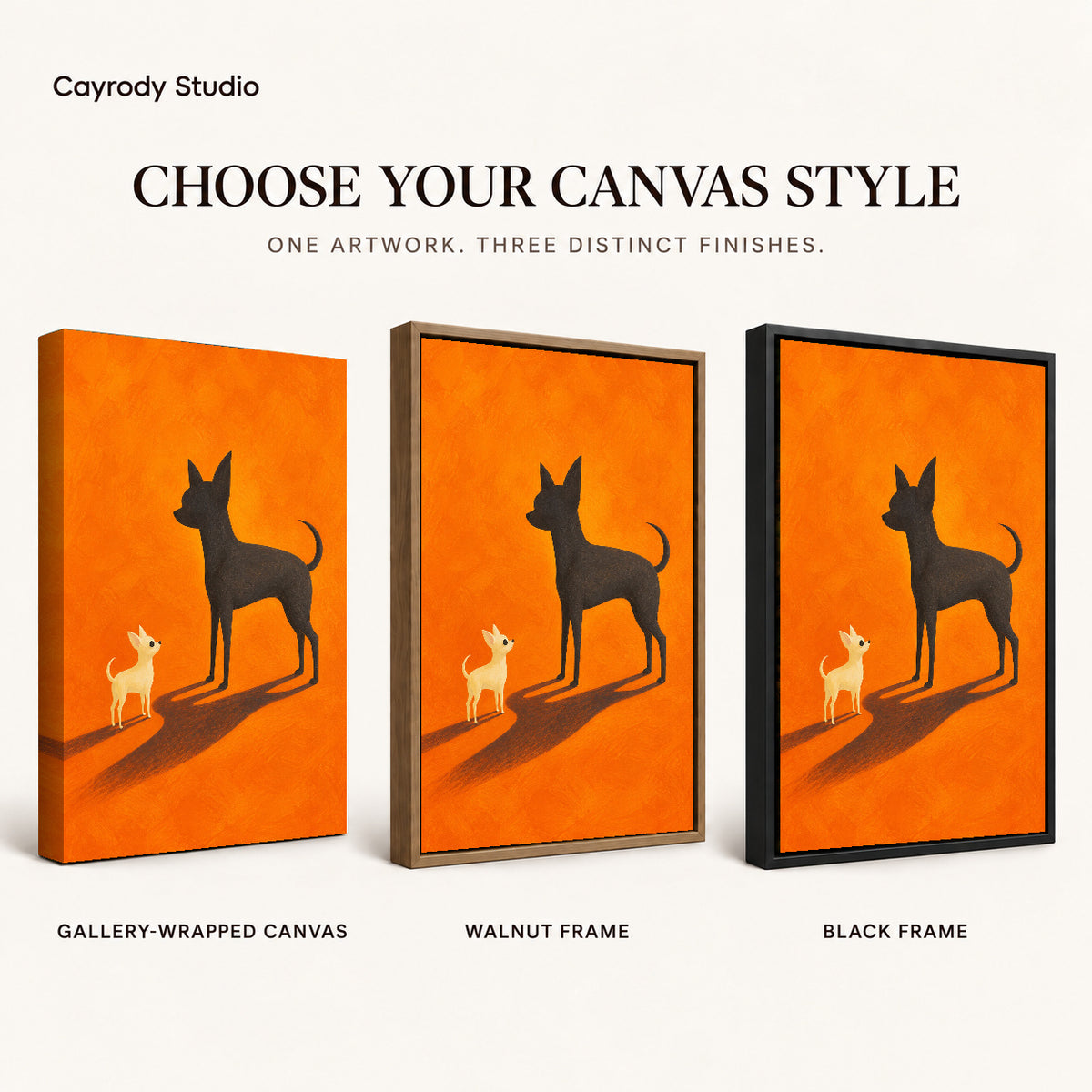 Bold chihuahua canvas art finish chart showing gallery wrapped canvas, walnut frame, and black frame options.