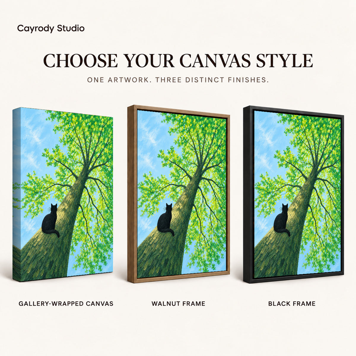 Black cat tree canvas art finish chart showing gallery wrapped canvas, walnut frame, and black frame options.