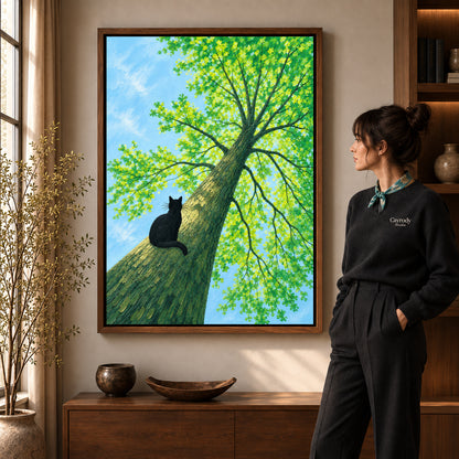 Walnut framed black cat tree canvas art room scene assigned to all six walnut framed canvas sizes.