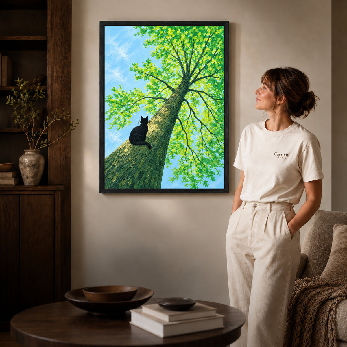 Black framed black cat tree canvas art room scene assigned to all six black framed canvas sizes.