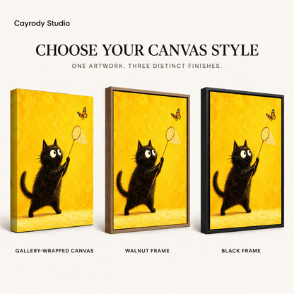 Funny butterfly cat canvas art finish chart showing gallery wrapped canvas, walnut frame, and black frame options.