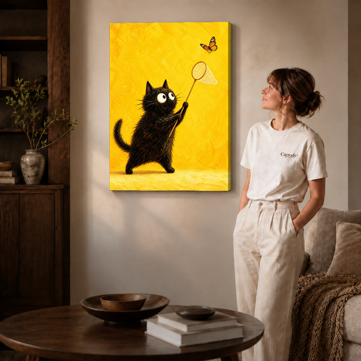 Gallery wrapped funny butterfly cat canvas art room scene assigned to all six unframed wrapped canvas sizes.