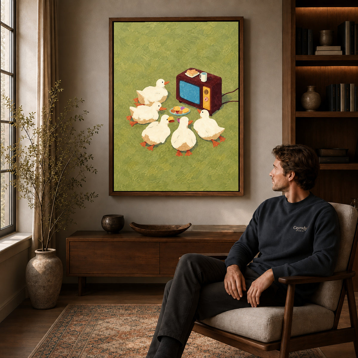 Walnut framed funny duck television canvas art above a seated man in a cozy wood furnished living room.
