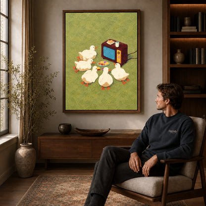 Walnut framed funny duck television canvas art above a seated man in a cozy wood furnished living room.