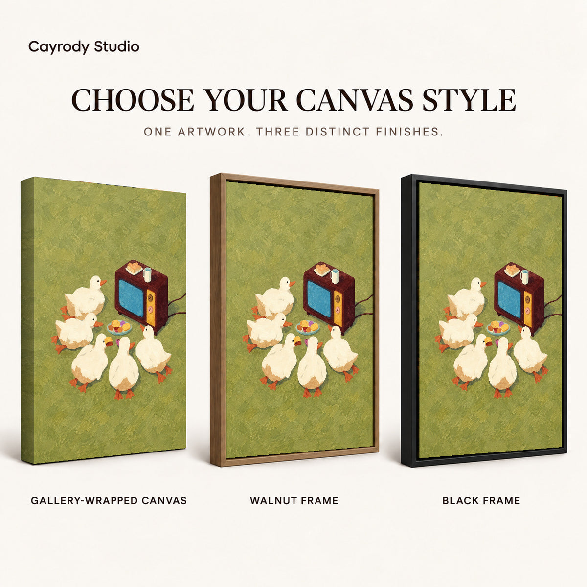 Funny duck television canvas art finish chart showing gallery wrapped canvas, walnut frame, and black frame options.